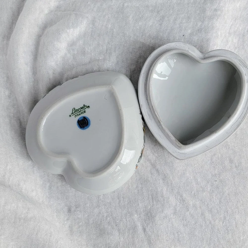RARE Vintage Porcelain Heart Shaped Trinket Box Limoges France bird basket fruit